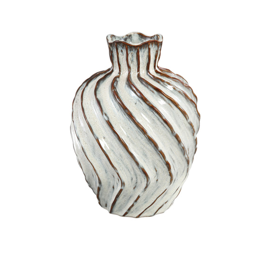 Marel Witte Ronde Keramische Vaas met Swirl Lines L 33x24x24 cm