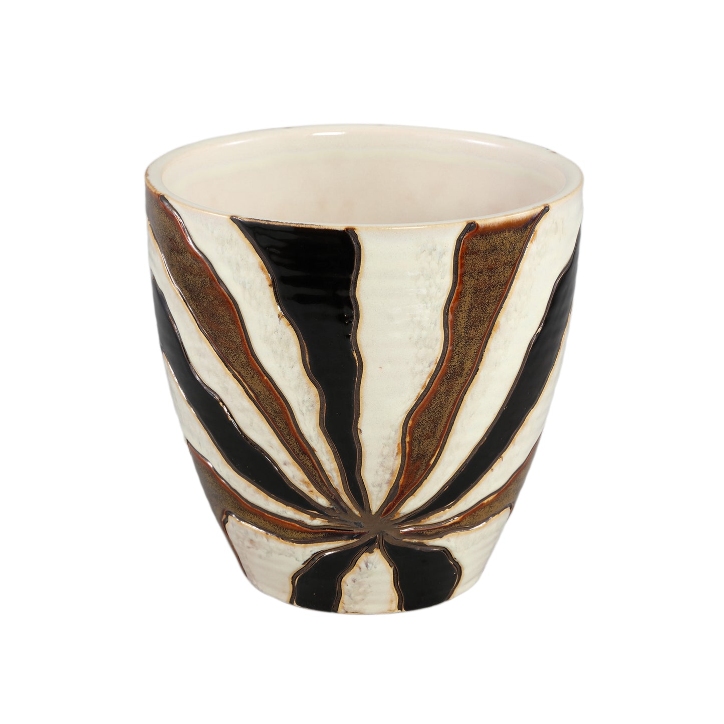 Evelin Donkerbruine Ronde Keramische Pot Met Lijnen XL – Set Van 4 Stuks - 4 Sets 21x21x21 cm