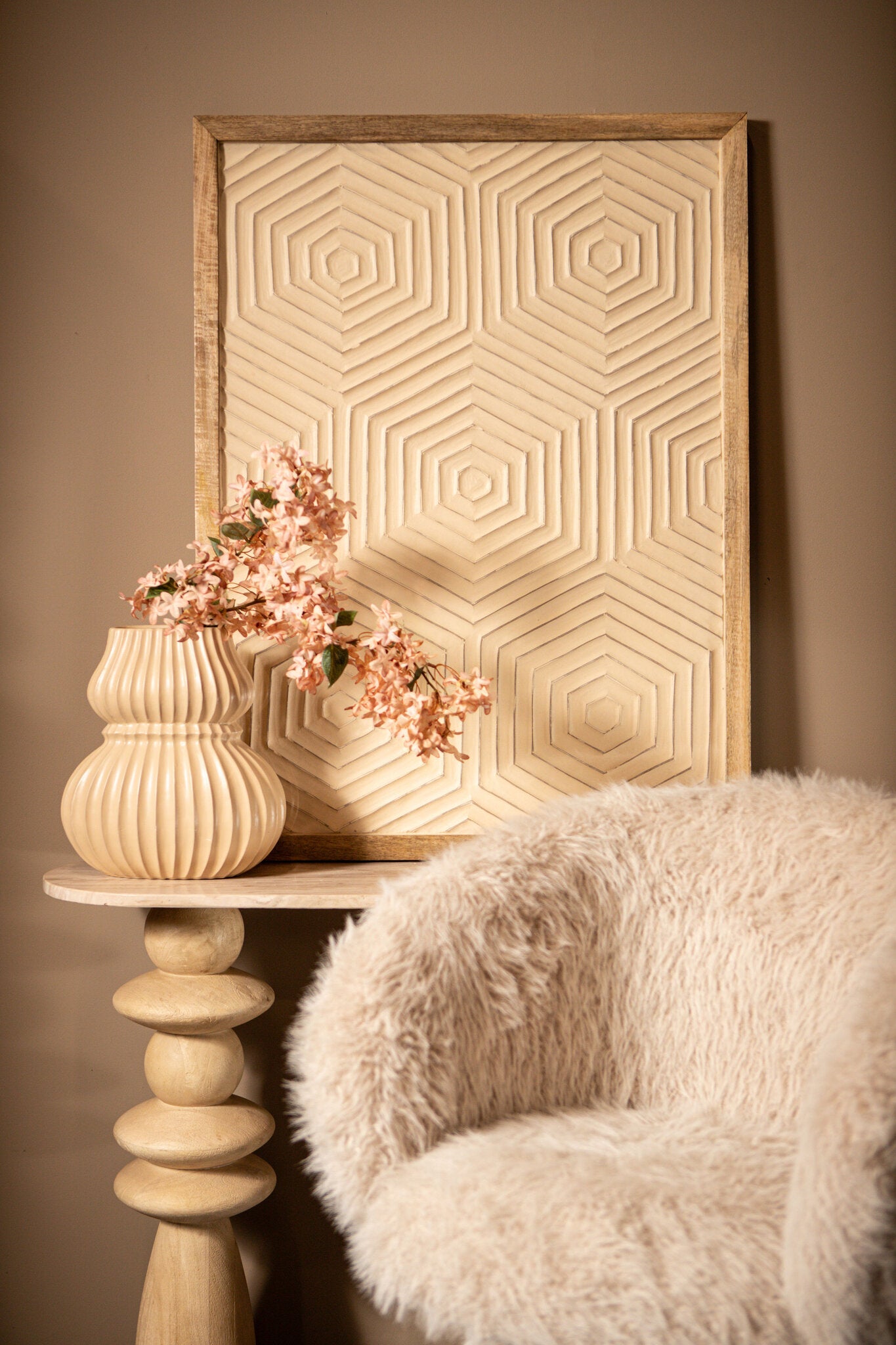 Elasah Crème Houten Rechthoekig Wandpaneel Zeshoek 102x76x3 cm