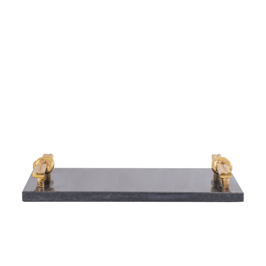 Aimie Zwart Marmeren Dienblad Set van 2 Stuks met Gouden Knoop Handvat - 2 Sets 5x40x20 cm