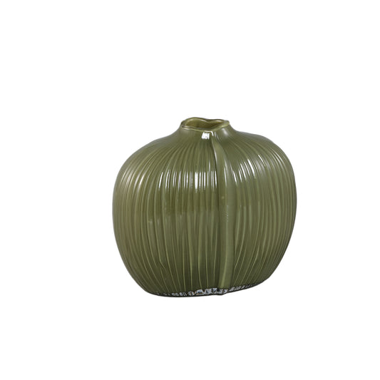 Jalisia Olijfgroen Glazen Vaas Set van 4 Ovaal Geribd Laag - 4 Sets 20.5x23.5x14.5 cm