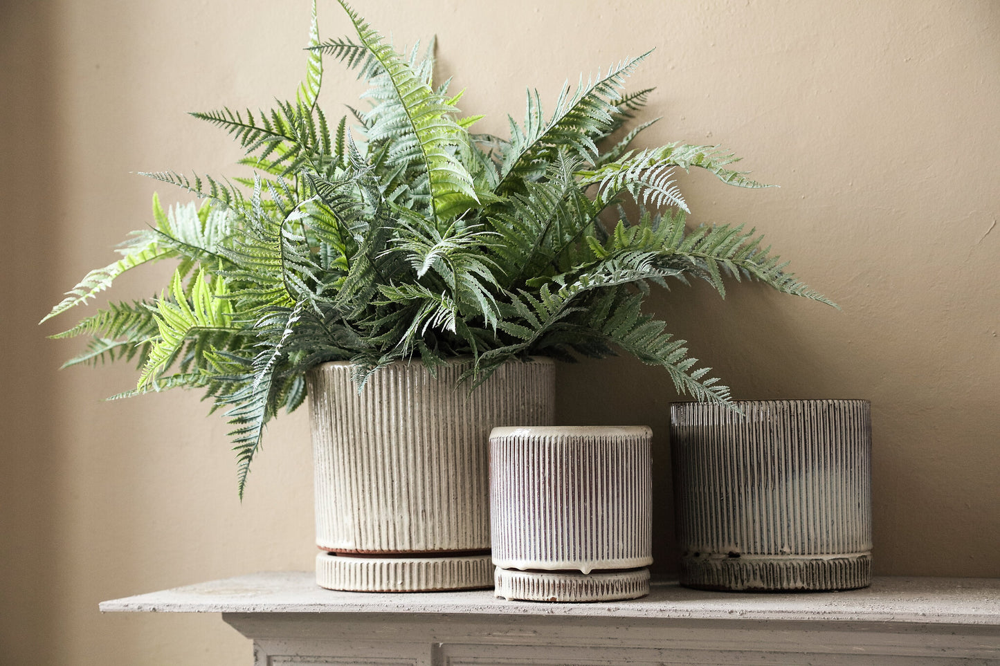 Meliya Crème Keramische Pot Set Van 4 Cilinder Geribfeld 28x33x33 cm