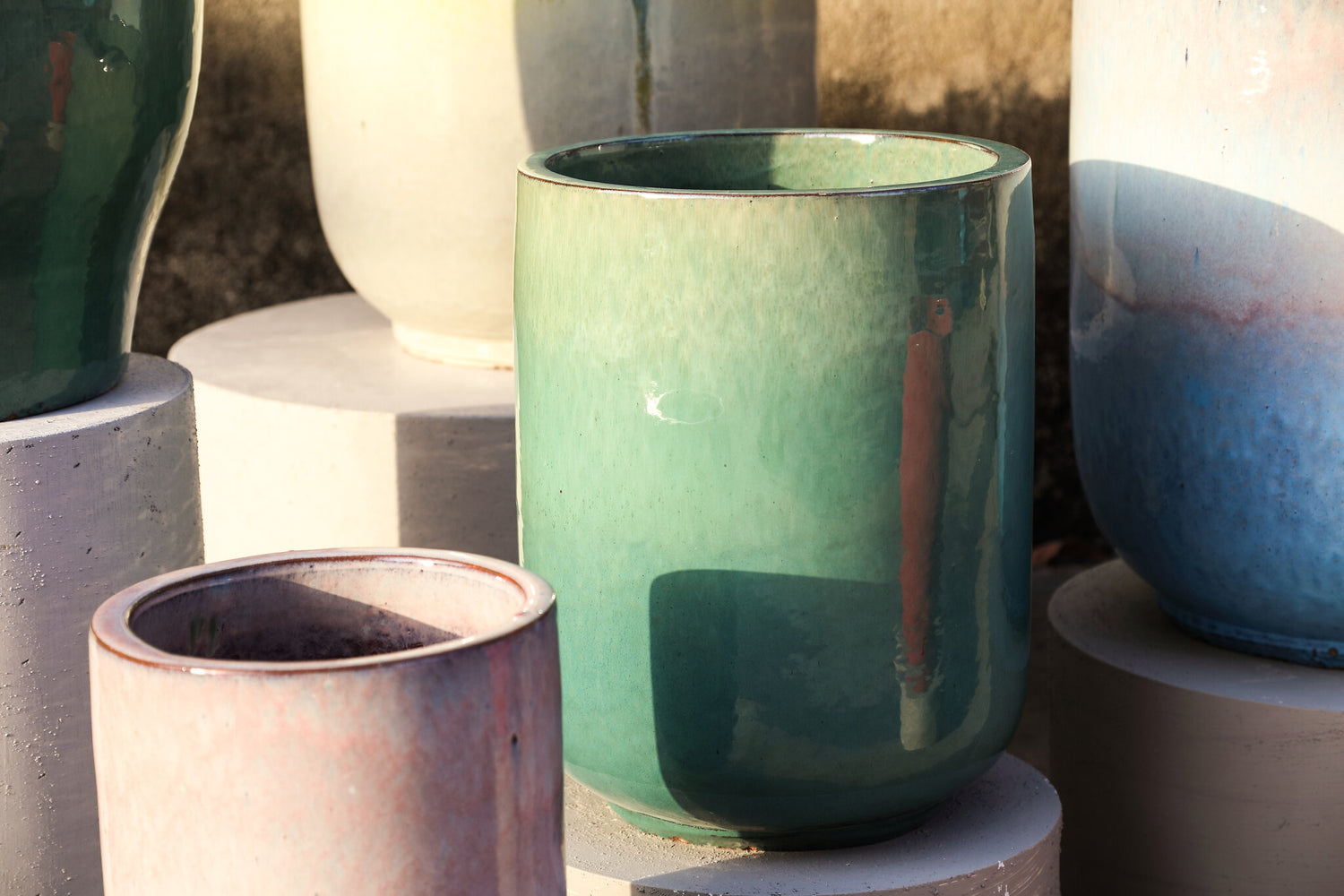 Rozay Teal Keramische Pot Set Van 3 Rond Hoog 55x45x45 cm