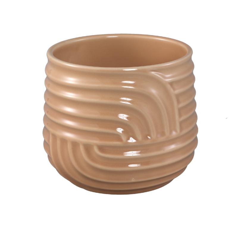 Ensar Room Cream Keramische Pot Art Wave Pattern Round XL Set van 6 Stuks 16x19x19 cm