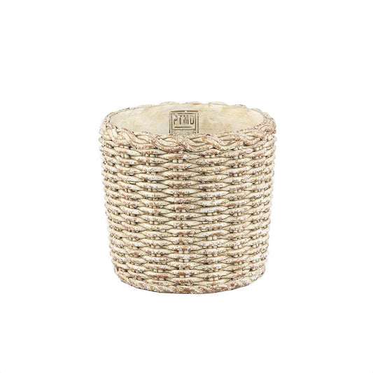 Ranel Crème Ronde Cementpot met Mandpatroon M - Set van 8 Stuks 17x18x18 cm