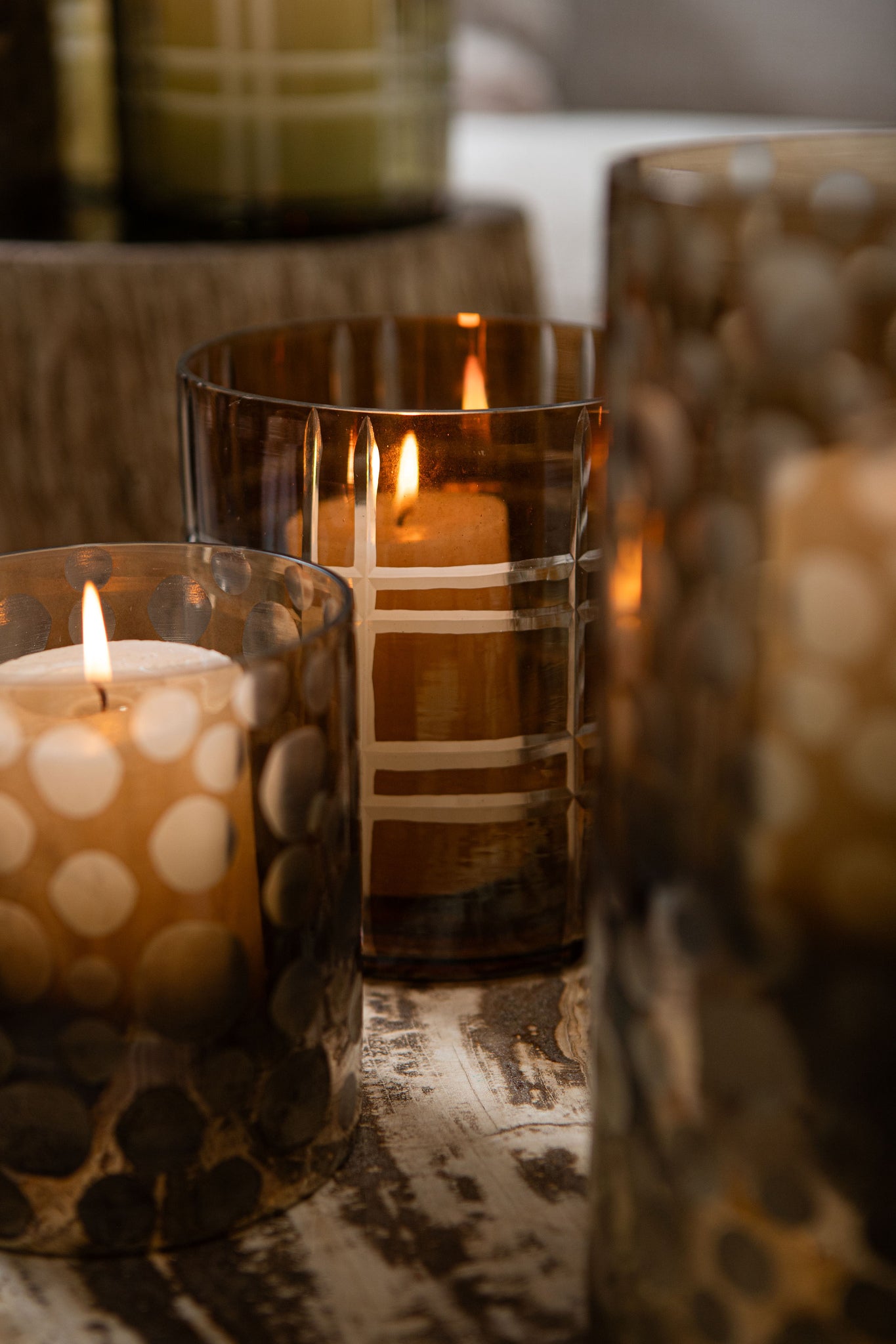 Divit Donkerbruin Rond Glas Windlicht Strepen Set van 4 Stuks 17x15x15 cm