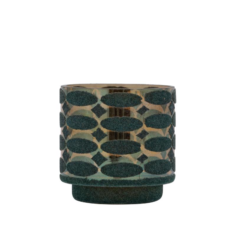 Nadara Turquoise Flocking Glazen Theelichthouder Rond Motief Set van 12 10x10x10 cm