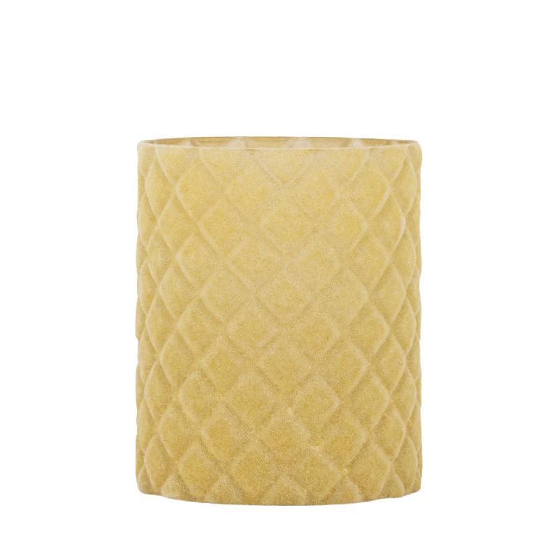 Amella Geel Flocking Glas Theelicht Ruit Set van 4 12x10x10 cm