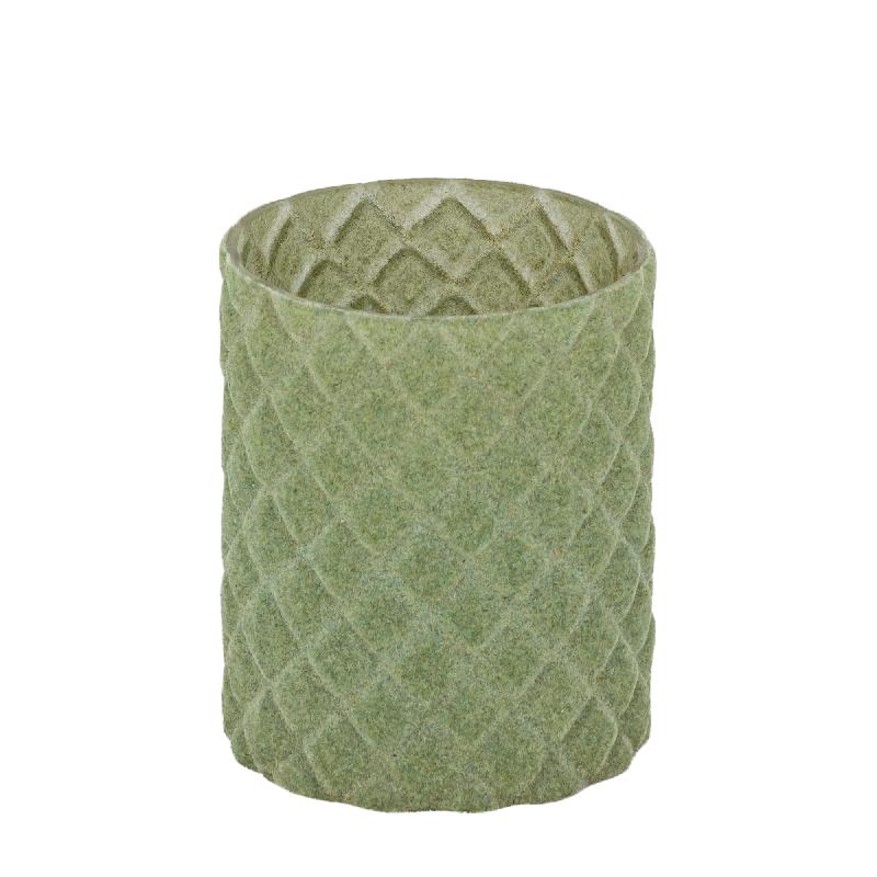 Amella Groen Flocking Glas Theelicht Ruit Set van 4 12x10x10 cm