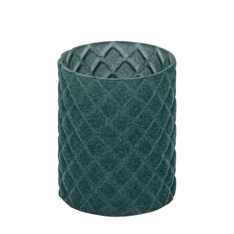 Amella Turquoise Flocking Glas Theelicht Ruit Set van 4 Stuks 12x10x10 cm