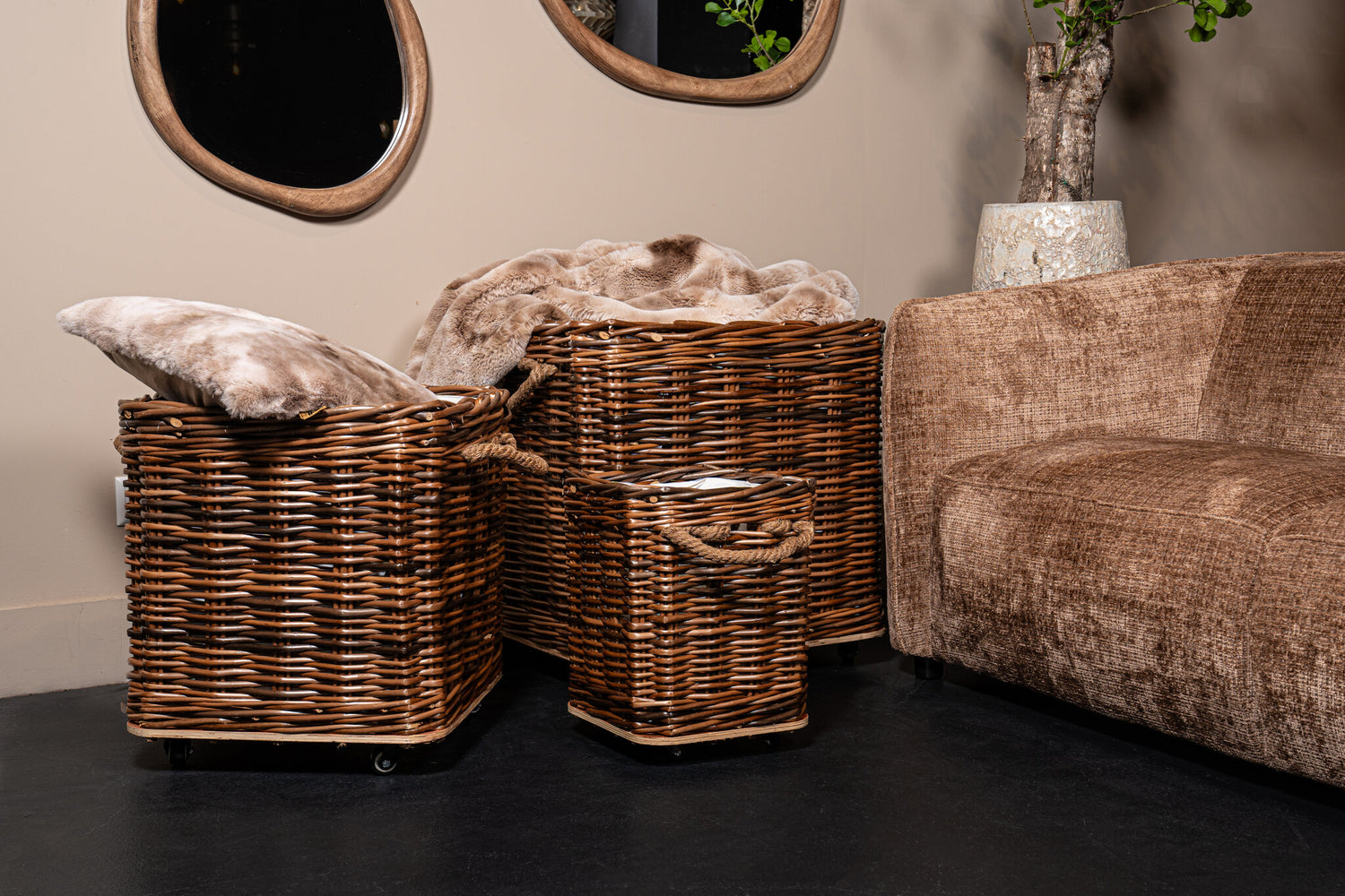Darrett Bruine Wilgenmand Vierkant Met Wielen Set Van 3 60x60x48 cm