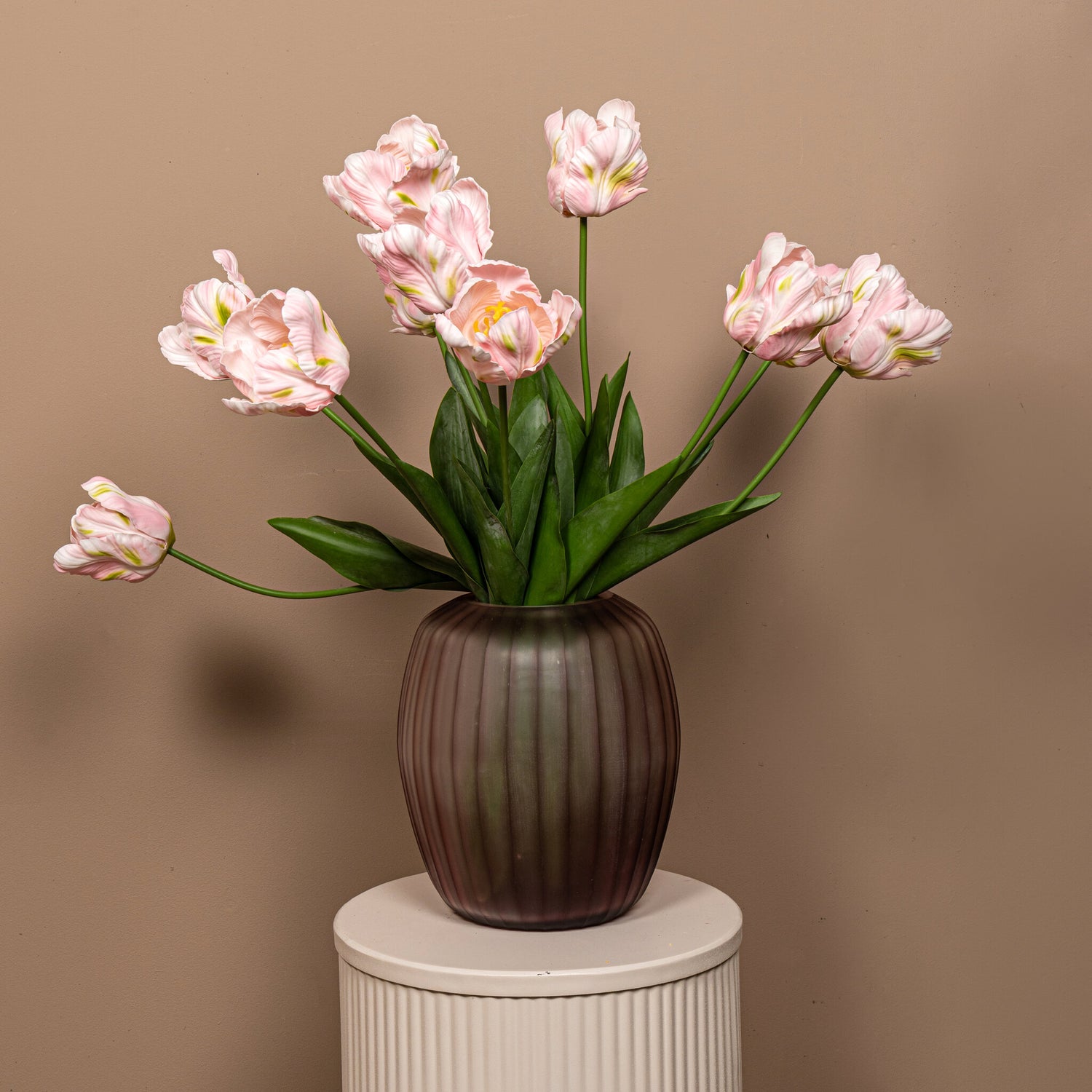 Tulip Flower Roze Papegaai Tulp Met Bladeren Set Van 12 Stuks 67x40x9 cm