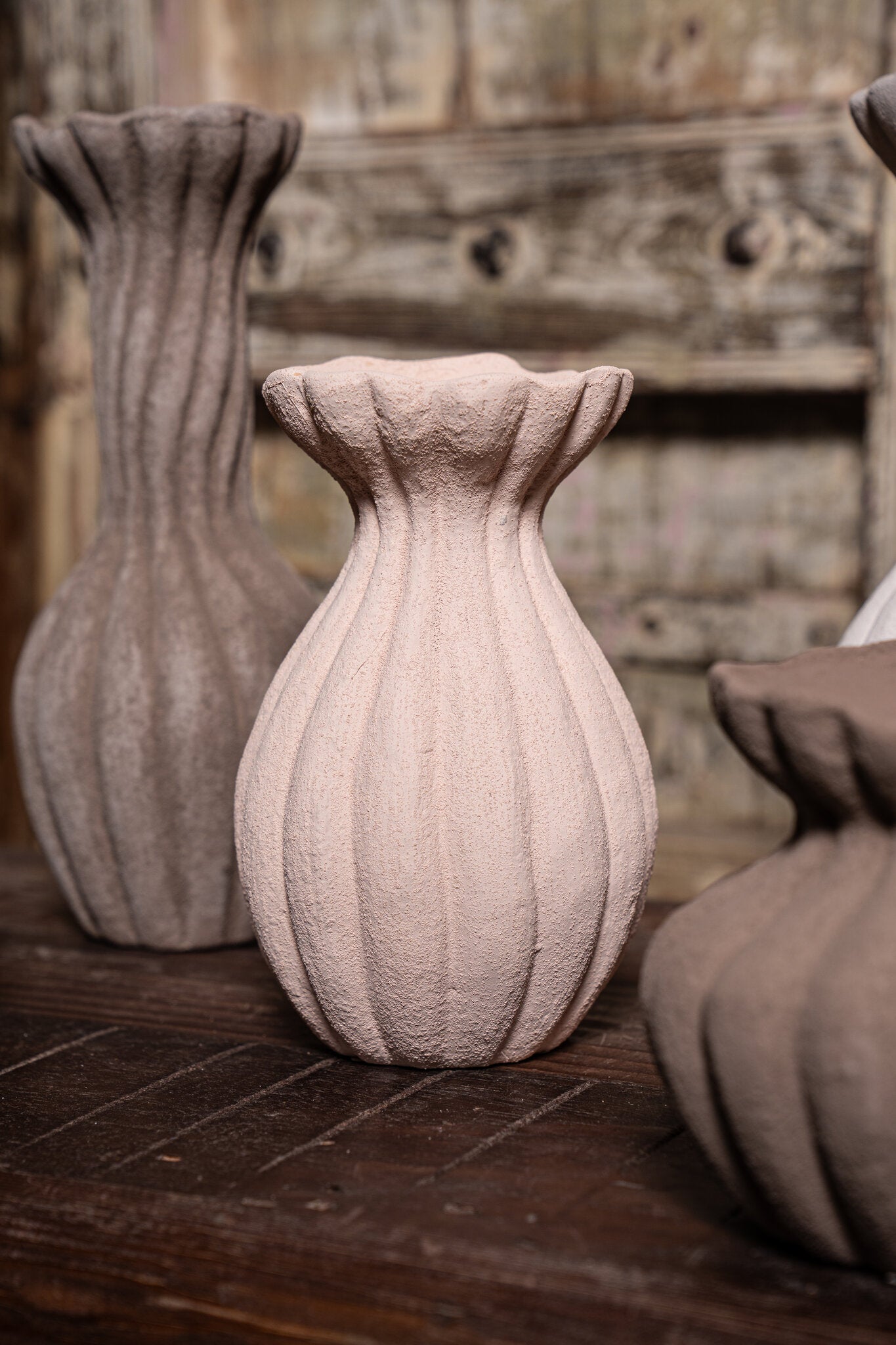 Kaylo Lichtroze Keramische Geribde Vazen Set Van 4 17x10.5x10.5 cm