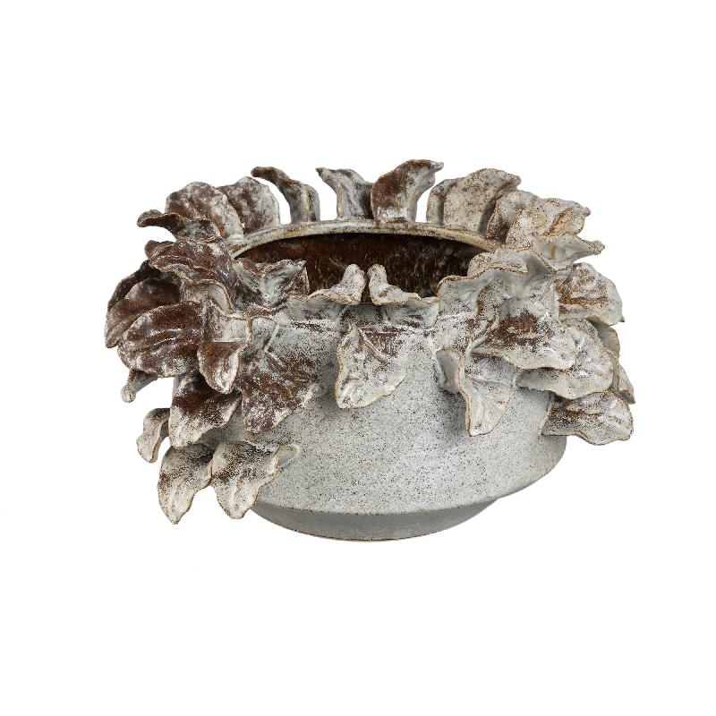 Varda Beige Keramische Pot Met Bladdetails L 22x37.5x37.5 cm