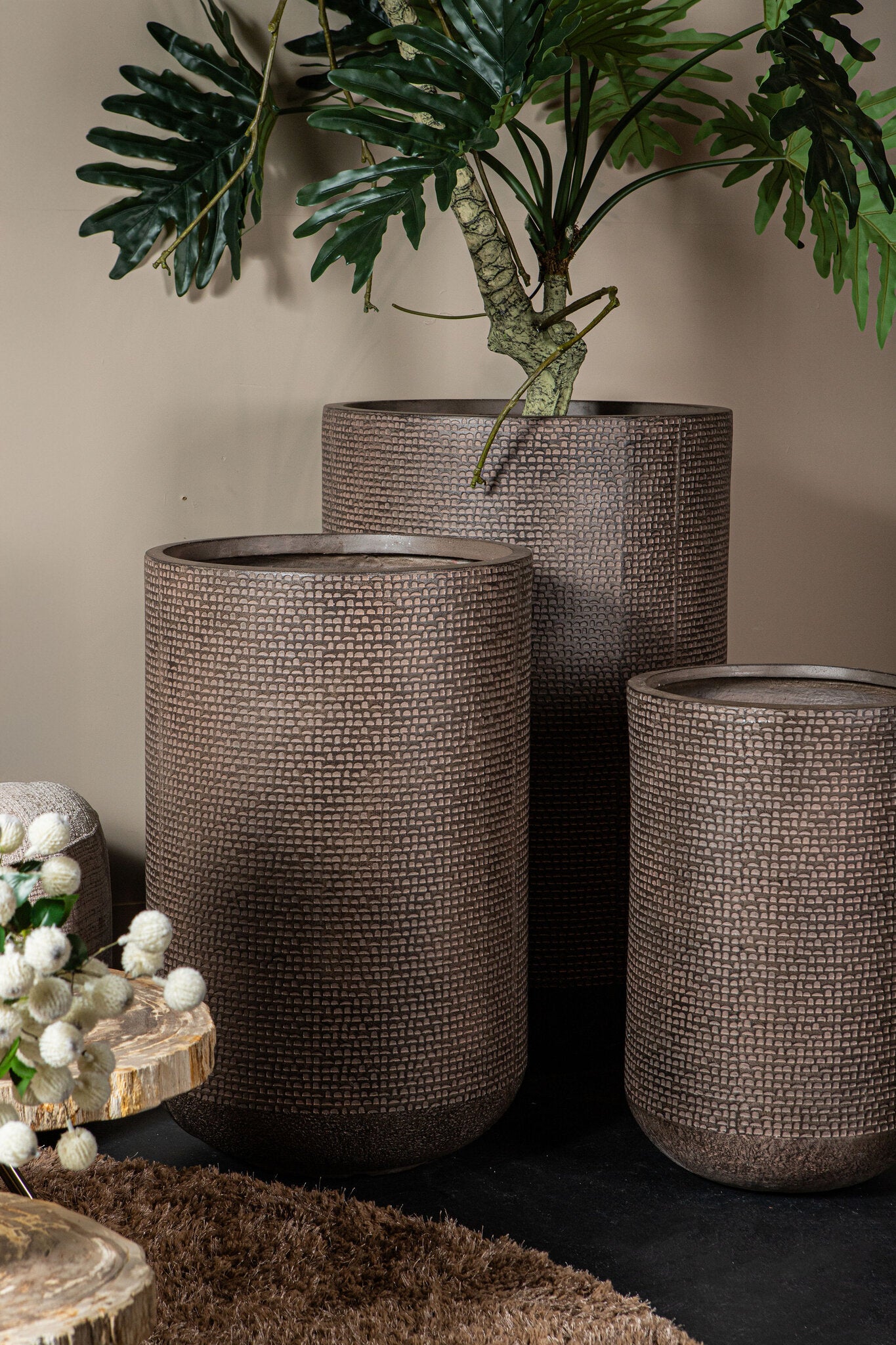 Rylon Bruine GRC Pattern Pot Rond Set van 4 95x60x60 cm