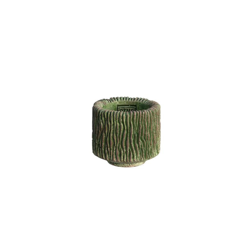 Jacyln Mosgroen Cement Pot Rond Laag Strepen Set van 12 Stuks 8x9x9 cm