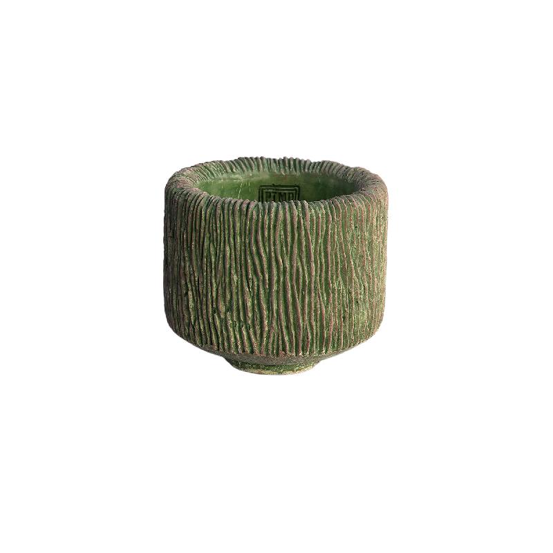 JacylnMos Groen Cement Pot Rond Laag Strepen M - Set van 12 Stuks 14x16x16 cm