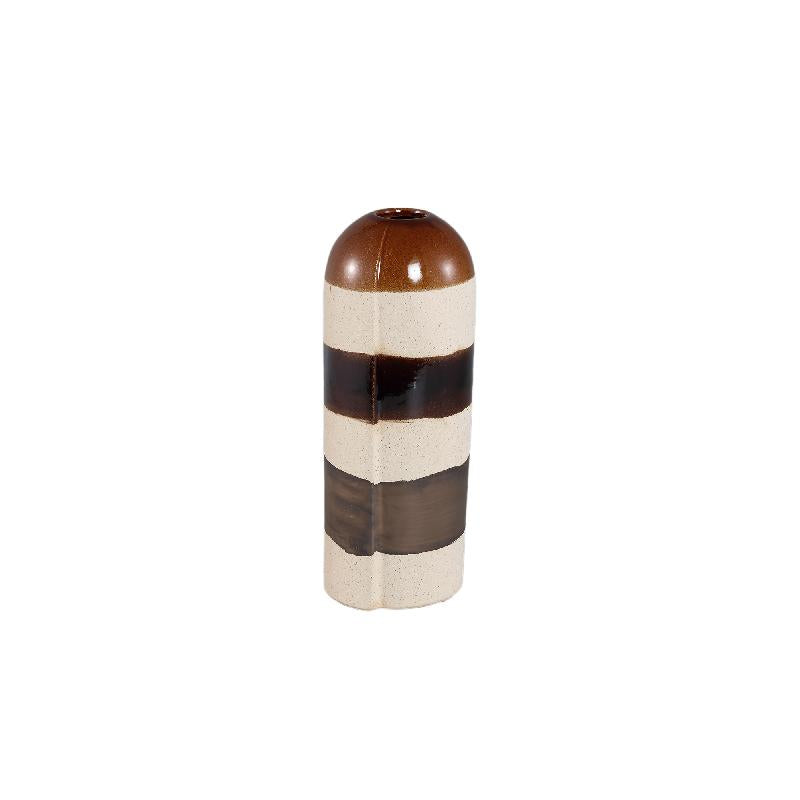 Dorlean Beige Keramische Vaas Rond Streeppatroon Set van 2 32x12.5x12.5 cm
