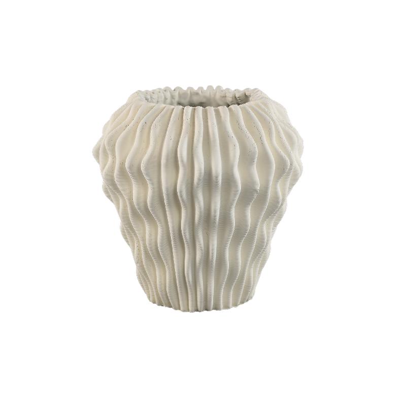 Barren Witte Cement Ronde Vaas Met 3D Golvend Patroon L 30x30x30 cm