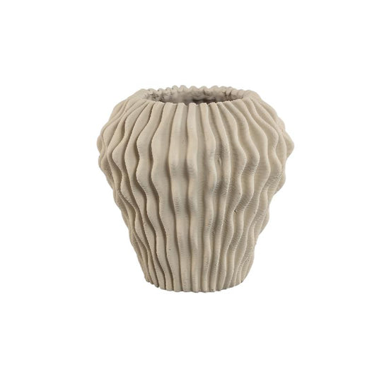 Barren Beige Cement Ronde Vaas Met 3D Golfpatroon L 30x30x30 cm