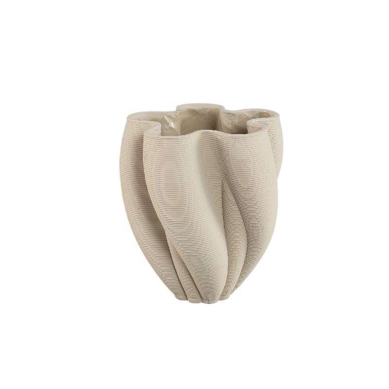 Hastin Beige Cement Golvende Geribbelde Vaas 3D Look Set van 2 Stuks 30x25x25 cm