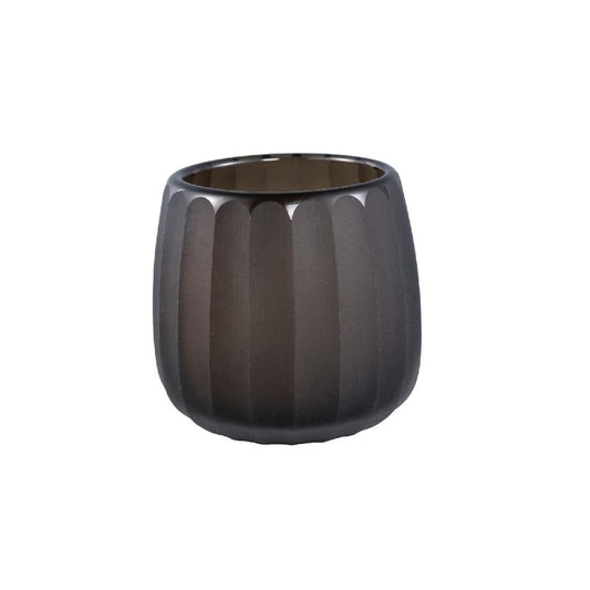 Ayva Taupe Rond Glazen Windlicht met Handgesneden Strepen - Set van 4 11x11.5x11.5 cm
