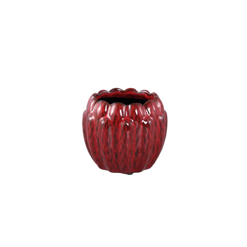 Bentz Rode Keramische Pot Dik Geribd Rond Laag Set van 12 11x13x13 cm