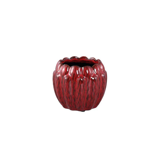 Bentz Rode Keramische Pot Dik Geribd Rond Laag Set van 12 11x13x13 cm