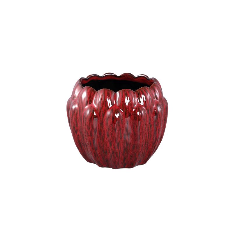 Bentz Rode Keramische Pot met Diepe Ribbels Rond Laag - Set van 8 Stuks 13x16x16 cm