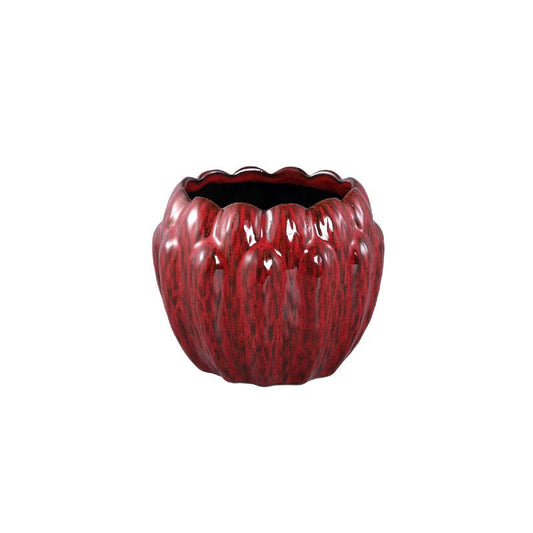 Bentz Rode Keramische Pot met Diepe Ribbels Rond Laag - Set van 8 Stuks 13x16x16 cm