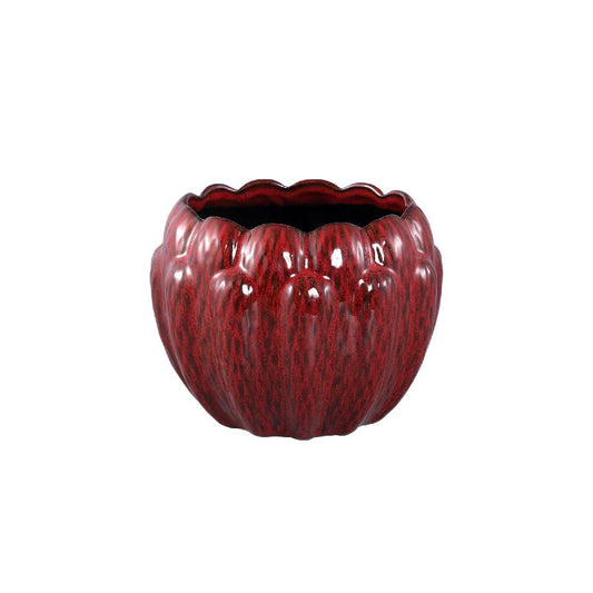 Bentz Rode Keramische Pot Dik Geribbeld Rond Laag Set van 4 15x19.5x19.5 cm