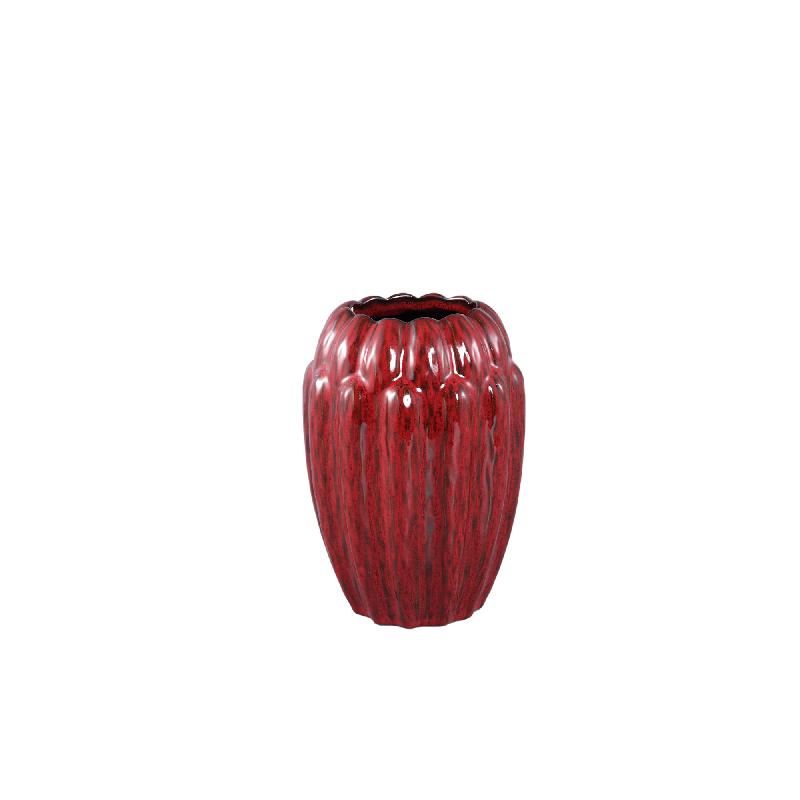 Bentz Rode Keramische Vaas Met Dik Geribbeld Patroon Rond Set Van 6 22x15x15 cm