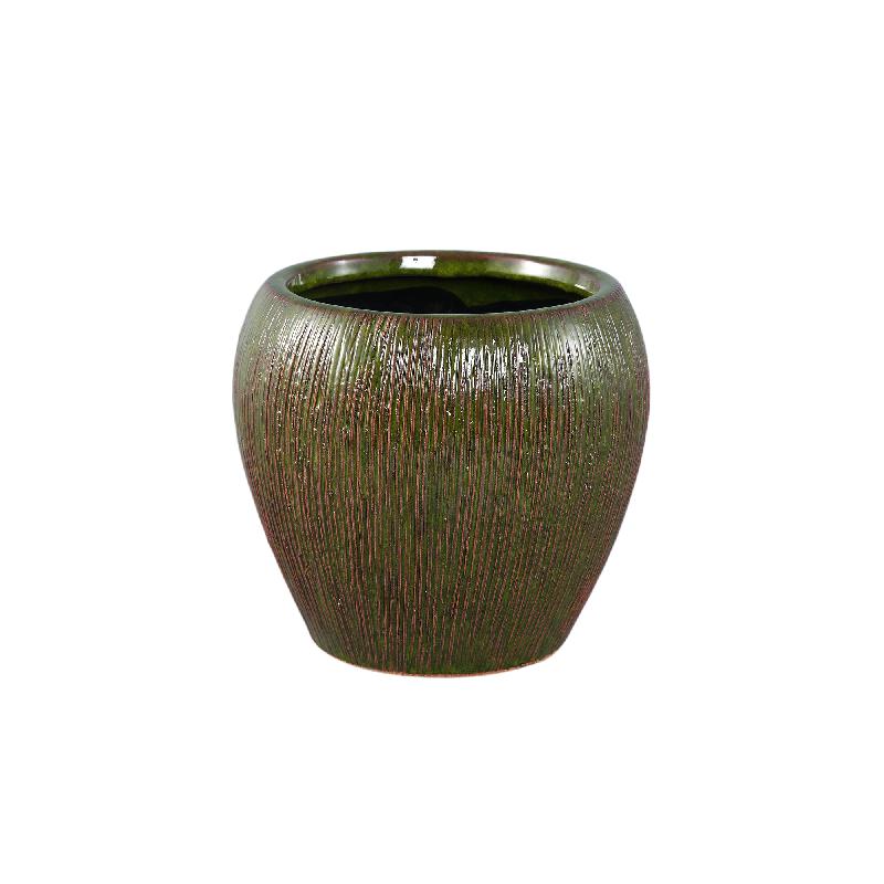 Chass Donkergroen Keramische Ronde Gestreepte Pot M - Set van 4 16.5x18.5x18.5 cm