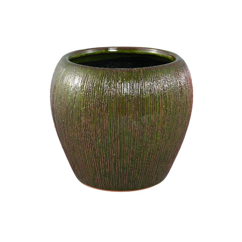 Chass Donkergroene Keramische Ronde Gestreepte Pot L - Set van 2 21x24x24 cm