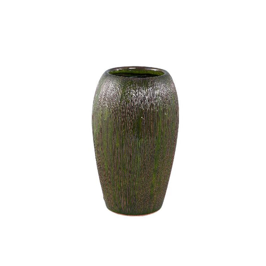 Chass Donkergroene Keramische Pot Rond met Strepen Hoog S 28x17x17 cm