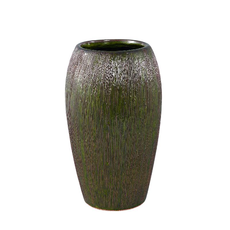 Chass Donkergroene Keramische Pot Rond met Strepen Hoog - Set van 2 35x21x21 cm