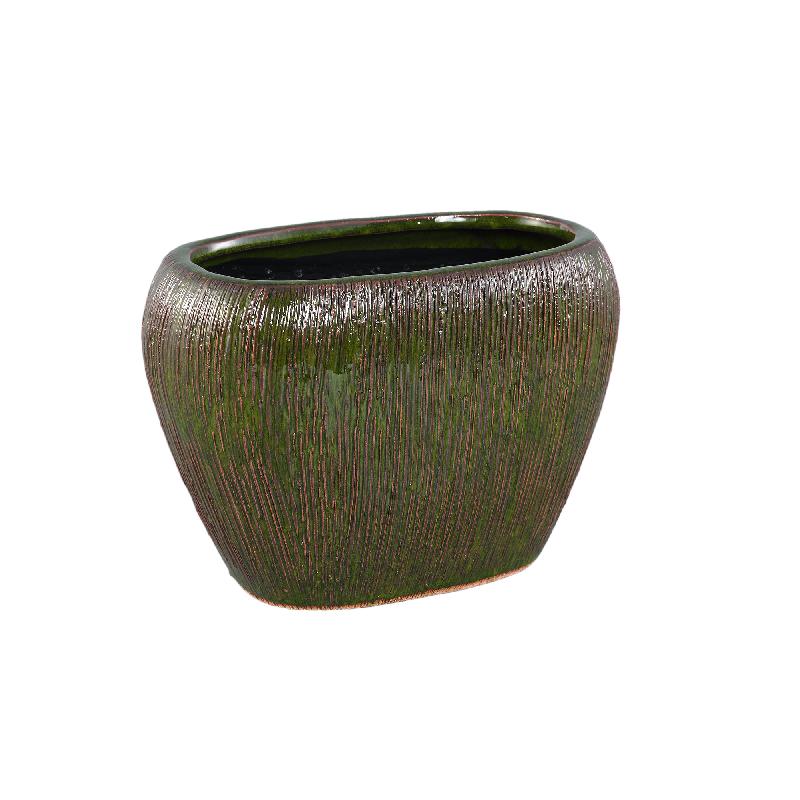 Chass Donkergroene Keramische Pot Ovaal Gestreept Set van 4 17x25.5x14 cm