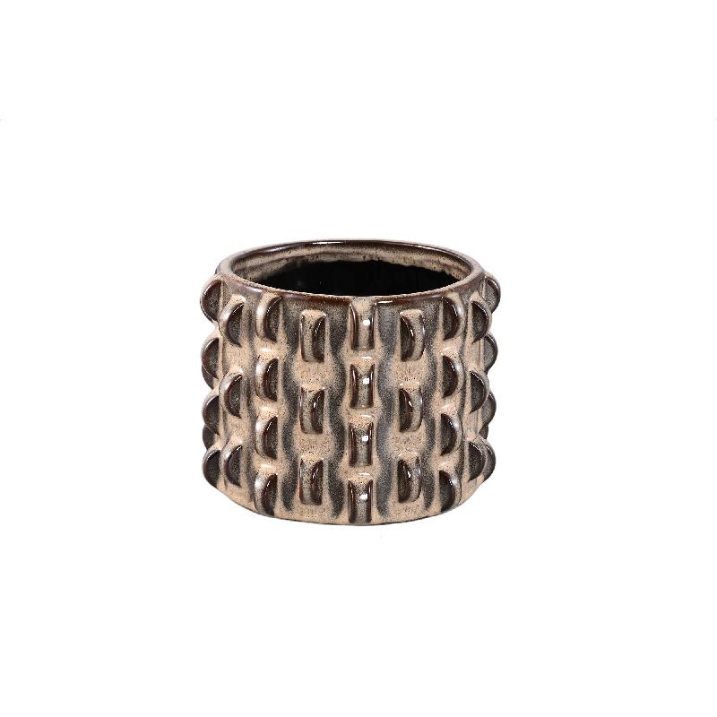 Robben Lichtbruin Keramische Ronde Pot 3D-patroon Set van 4 15.5x20x20 cm