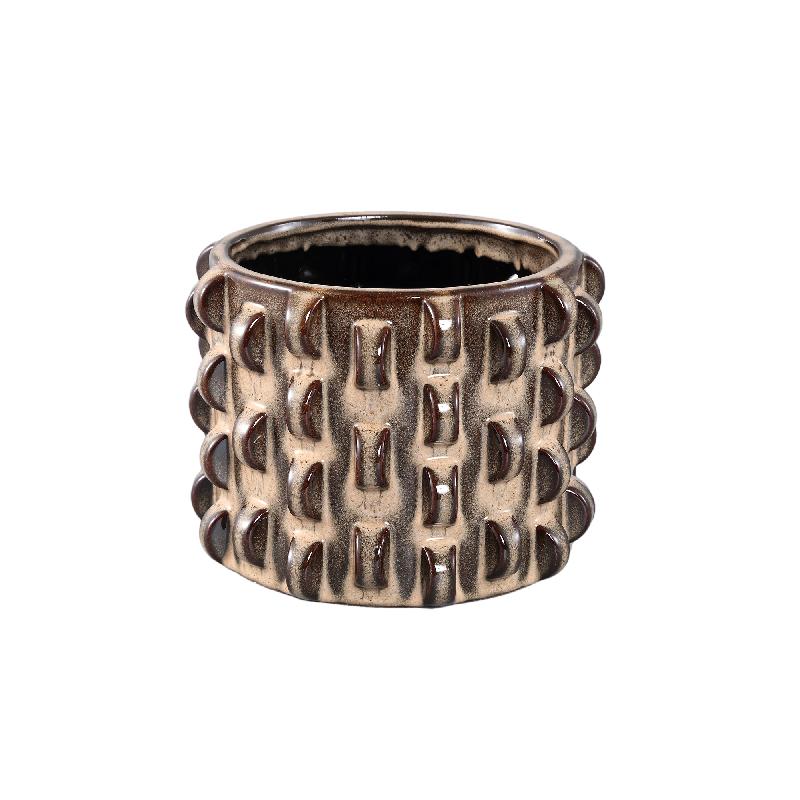 Robben Lichtbruin Keramische Ronde Pot 3D Patroon Set van 2 18.5x24.5x24.5 cm