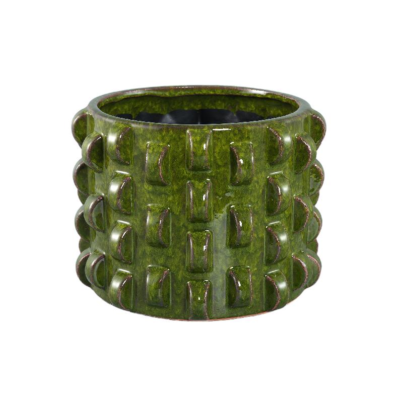 Robben Donkergroene Keramische Ronde Pot Met 3D Patroon L 20x30x30 cm