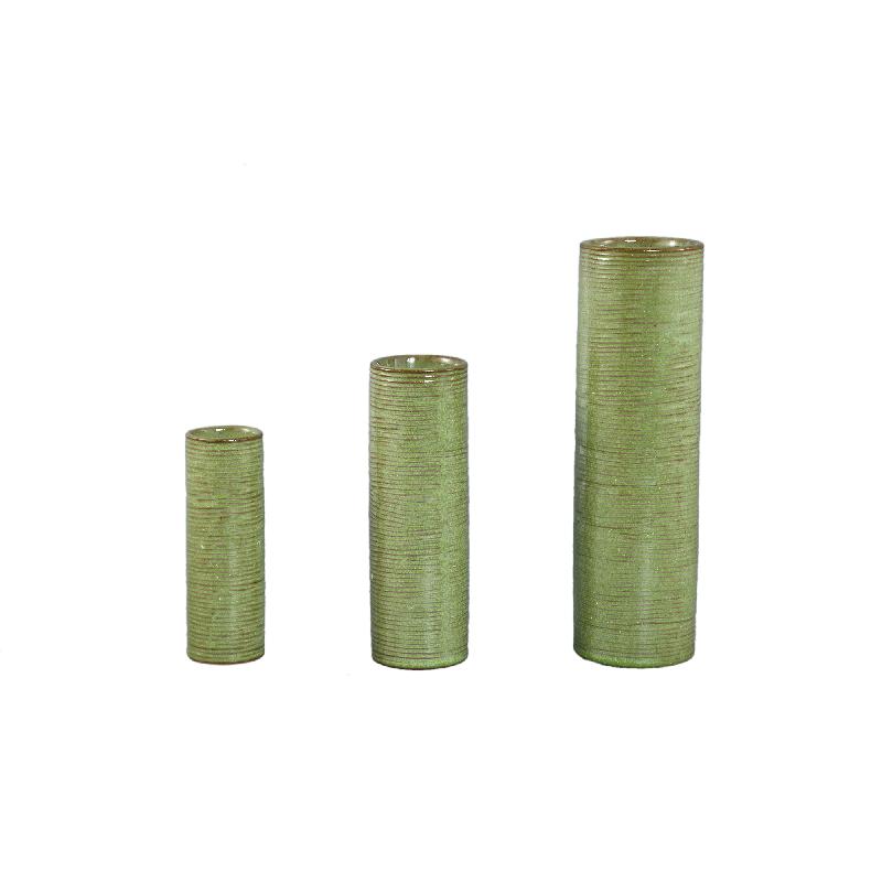 Mayron Groene Keramische Ronde Vaas Lijnenpatroon L - Set van 6 27.5x8x8 cm