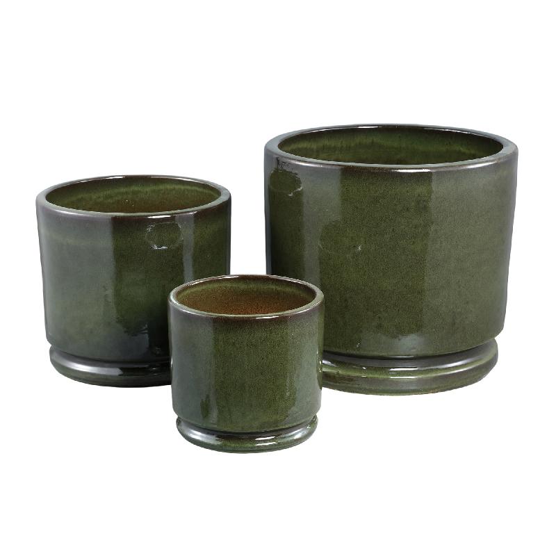 Madsen Donkergroene Keramische Cilinder Pot Set Van 3 Low 45x49.5x49.5 cm