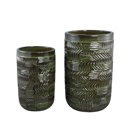 Nikko Donkergroen Keramische Pot Rond Patroon Set Van 2 74x46x46 cm