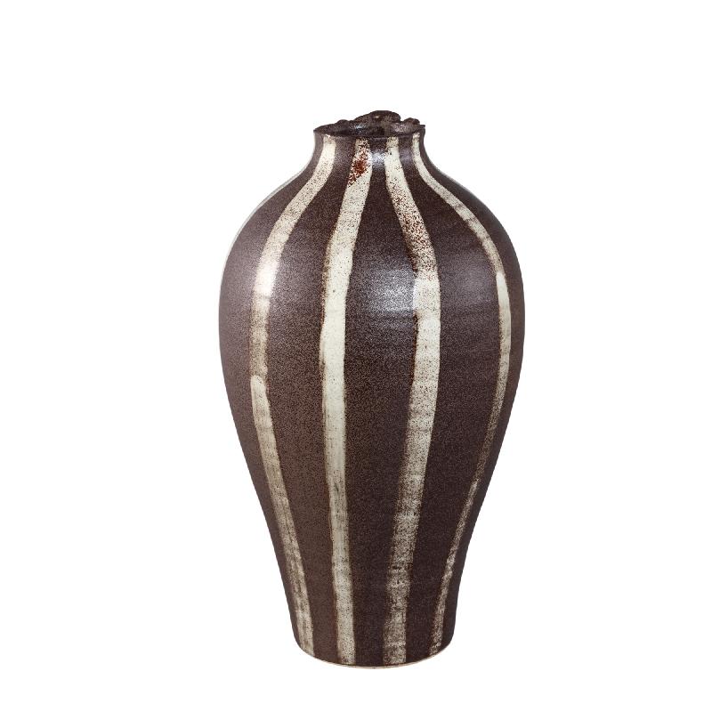 Eilan Donkerbruine Keramische Vaas Streepdesign L 40.5x23.5x23.5 cm