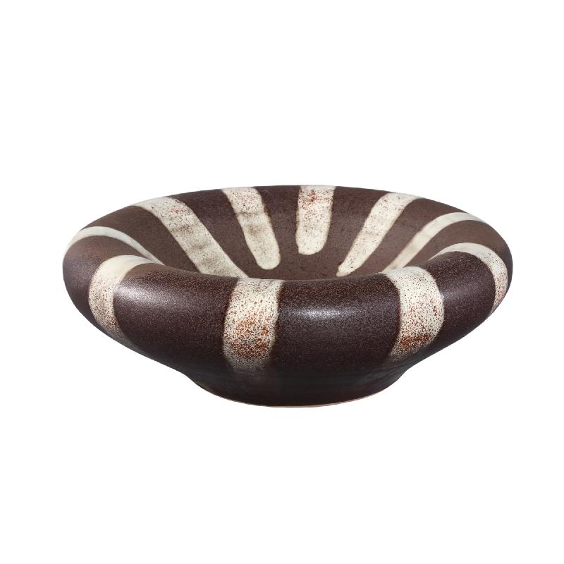 Eilan Donkerbruine Keramische Schaal met Streeppatroon Rond Set van 2 10.5x30x30 cm