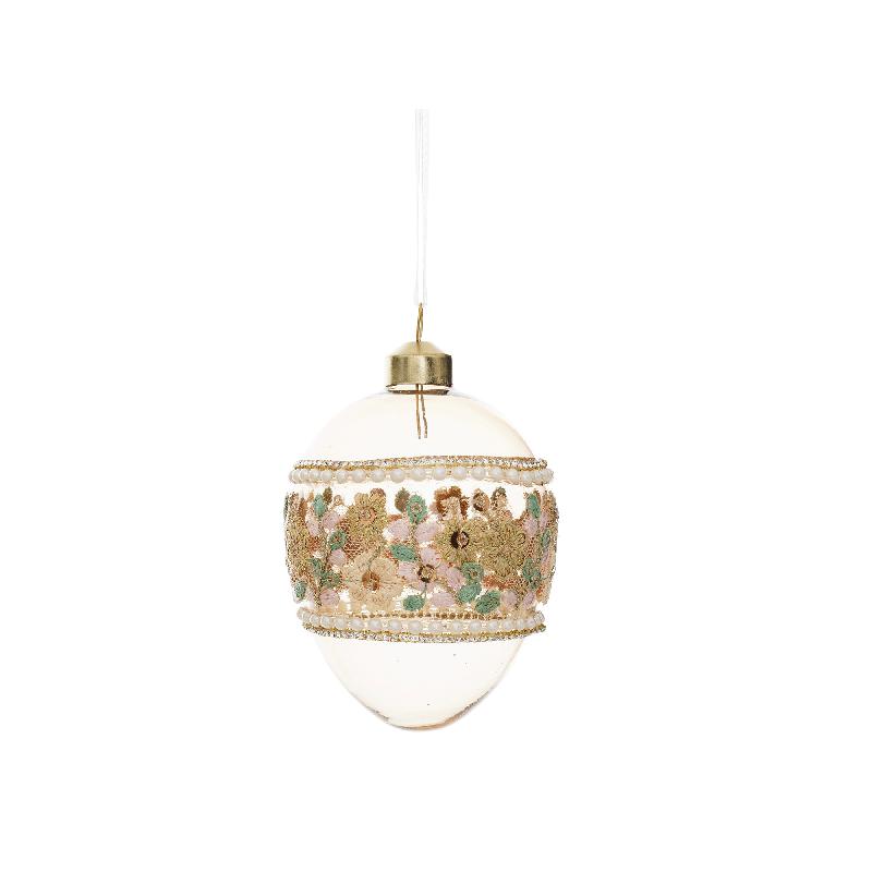 Shiala Bruinglas Hangende Paasei met Borduurwerk Bloem L - Set van 12 7.5x5x5 cm