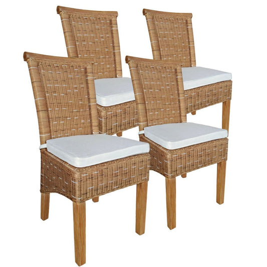Voglrieder kreatives Wohnen Eetkamerstoelenset rotan stoelen Perth 4 stuks bruine zitkussens linnen wit