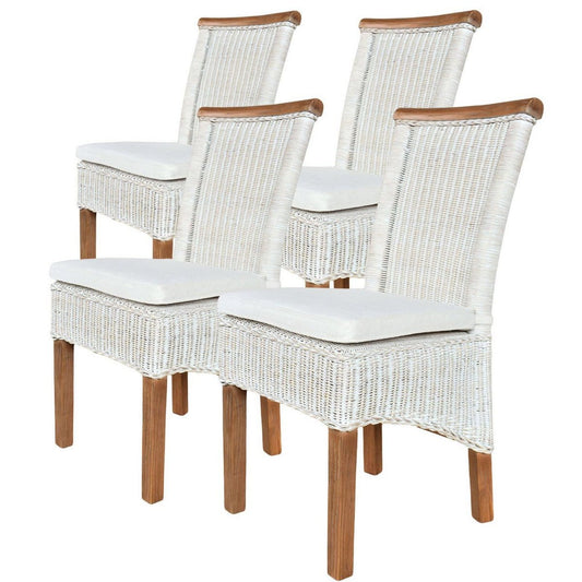 Voglrieder kreatives Wohnen Eetkamerstoelenset rotan stoelen Perth 4 stuks witte zitkussens linnen wit