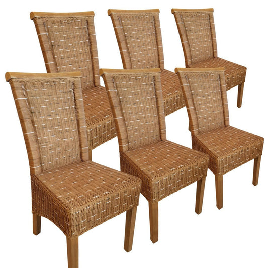 Voglrieder kreatives Wohnen Eetkamerstoelenset rotan stoelen Perth 6 stuks bruin zitkussens linnen wit