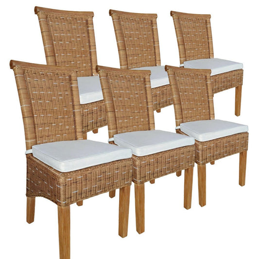 Voglrieder kreatives Wohnen Eetkamerstoelenset rotan stoelen Perth 6 stuks bruin zitkussens linnen wit